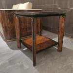 Rounded Square Burl-Veneer Sofa Side Table with Layered Top, Tapered Legs and Lower Display Shelf